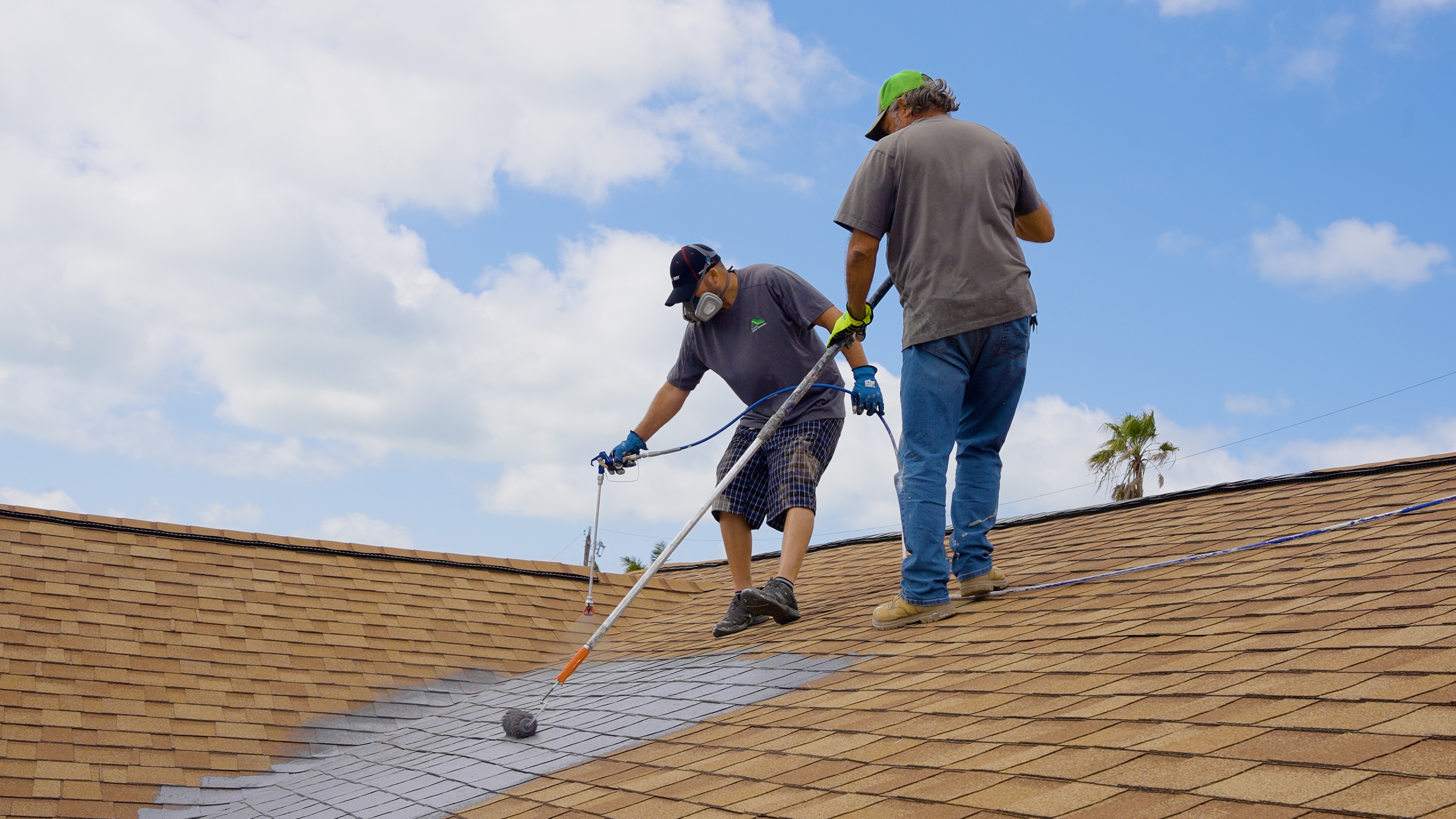 Two-person crew treating shingle roof with Peak 301